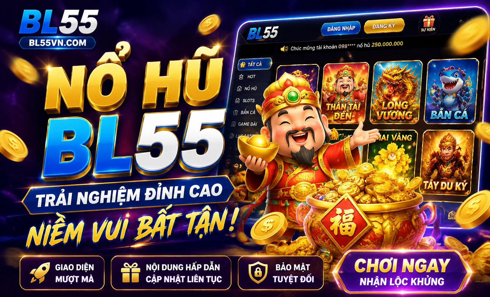 Sảnh nổ hũ BL55 với bố cục gọn và khuyến mãi nổi bật